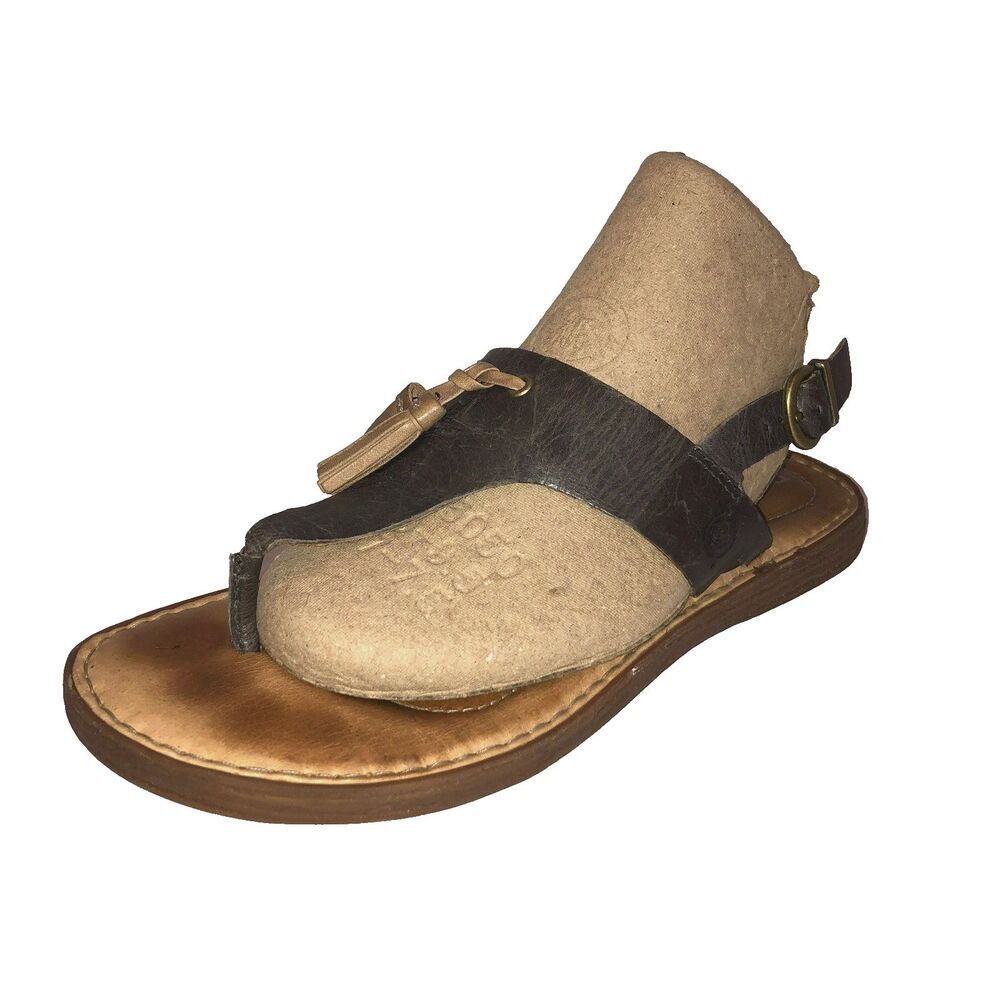 Born St Joe Womens 7 M Gray Leather Tassels Thong Flat T Strap Sandals Shoes